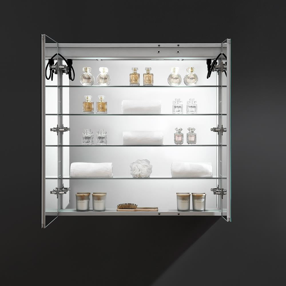 Fresca Tiempo 35.4-in x 35.4-in Lighted LED Fog Free Surface/Recessed Mount LED Lighting Mirrored Soft Close Medicine Cabinet with Outlet