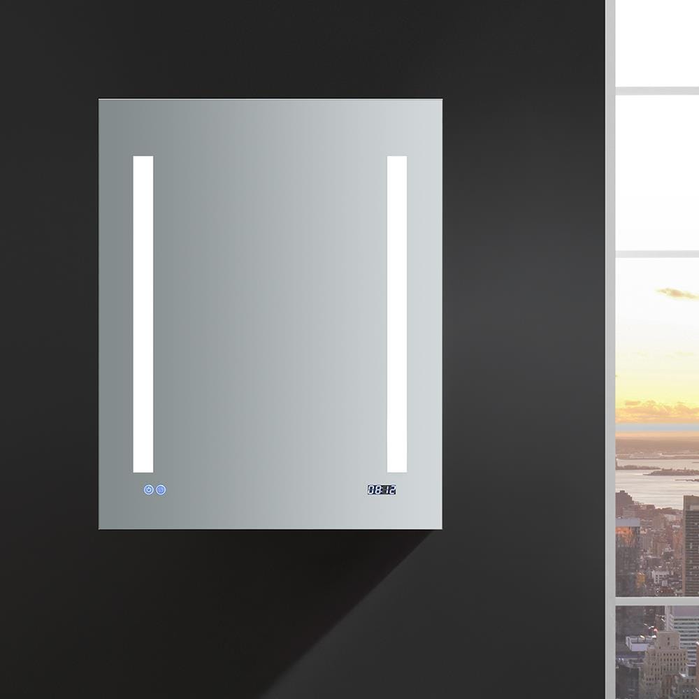 Fresca Tiempo 24-in x 30-in Lighted LED Fog Free Surface/Recessed Mount LED Lighting- Right Mirrored Soft Close Medicine Cabinet with Outlet