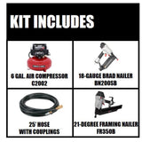 6 gal. 150 PSI Portable Electric Air Compressor and 18-Gauge Brad Nailer Combo Kit (1-Tool) with Bonus Framing Nailer - Super Arbor