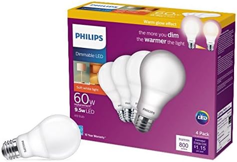 Philips 60-Watt Equivalent A19 Dimmable Warm White LED Light Bulb, Warm Glow Effect, E26 Base, 800 Lumens, 4-Pack