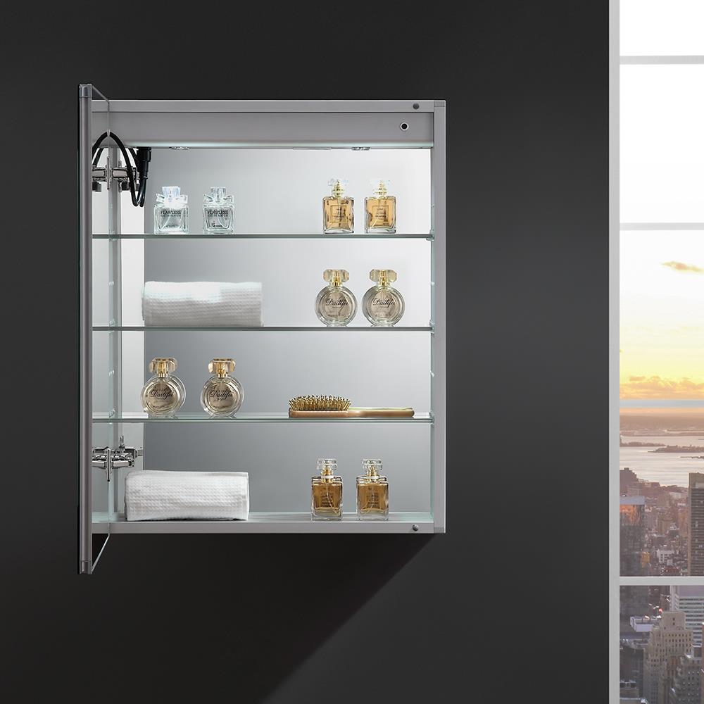 Fresca Tiempo 24-in x 30-in Lighted LED Fog Free Surface/Recessed Mount LED Lighting- Left Mirrored Soft Close Medicine Cabinet with Outlet