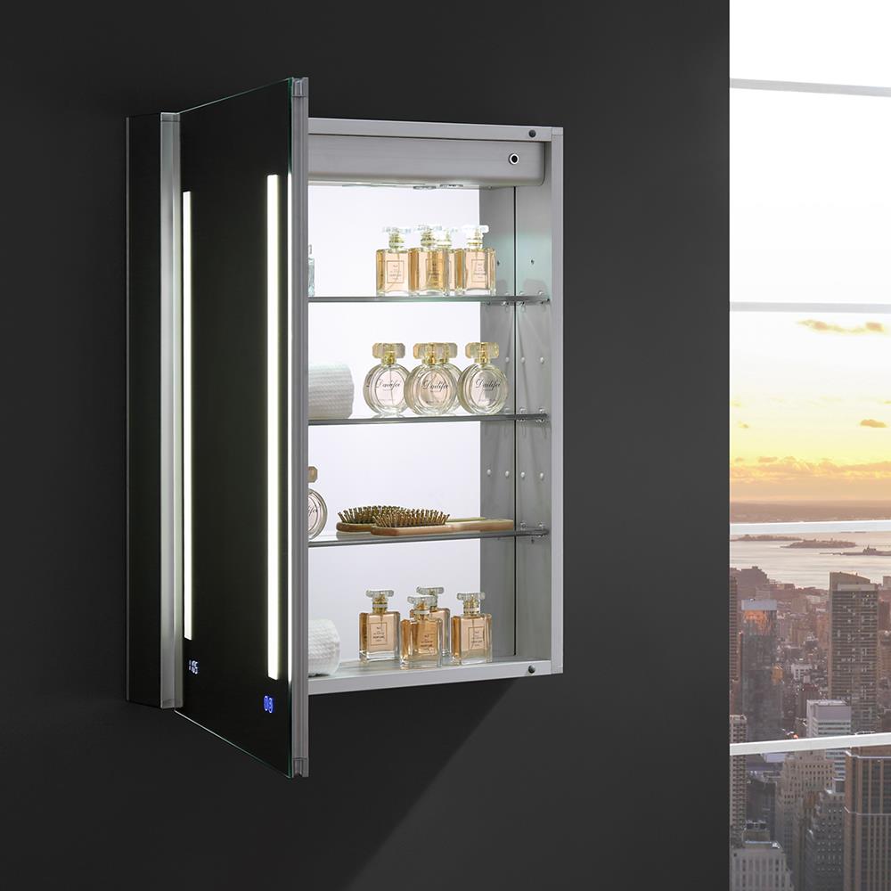 Fresca Tiempo 24-in x 30-in Lighted LED Fog Free Surface/Recessed Mount LED Lighting- Left Mirrored Soft Close Medicine Cabinet with Outlet