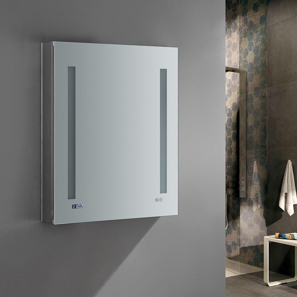Fresca Tiempo 24-in x 30-in Lighted LED Fog Free Surface/Recessed Mount LED Lighting- Left Mirrored Soft Close Medicine Cabinet with Outlet