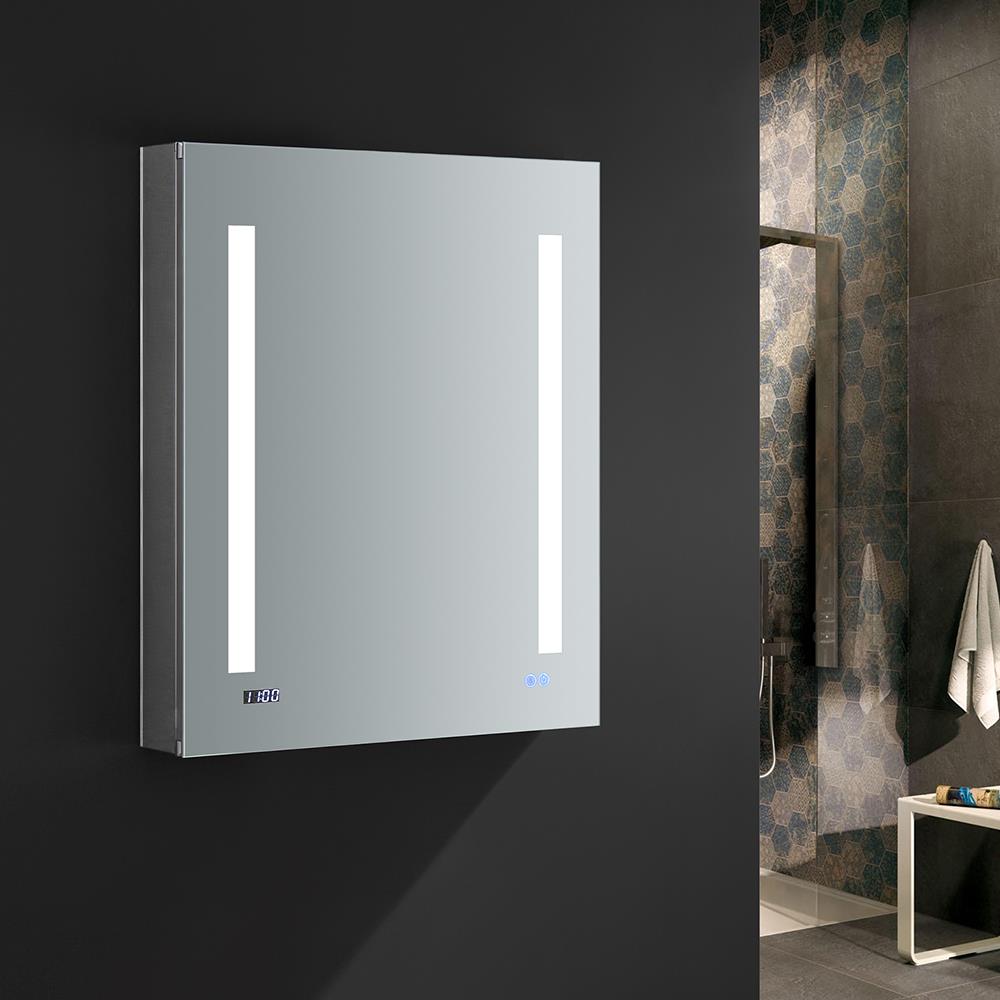 Fresca Tiempo 24-in x 30-in Lighted LED Fog Free Surface/Recessed Mount LED Lighting- Left Mirrored Soft Close Medicine Cabinet with Outlet
