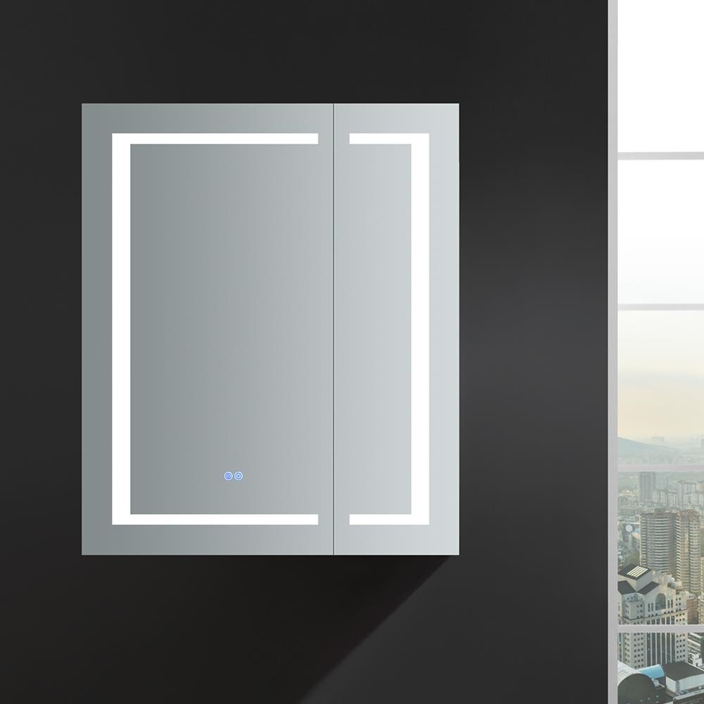 Fresca Spazio 30-in x 36-in Lighted LED Fog Free Surface/Recessed Mount LED Lighting Mirror Mirrored Soft Close Medicine Cabinet with Outlet