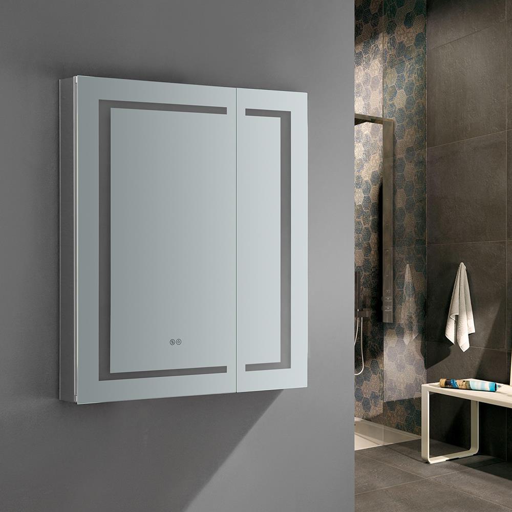 Fresca Spazio 30-in x 36-in Lighted LED Fog Free Surface/Recessed Mount LED Lighting Mirror Mirrored Soft Close Medicine Cabinet with Outlet