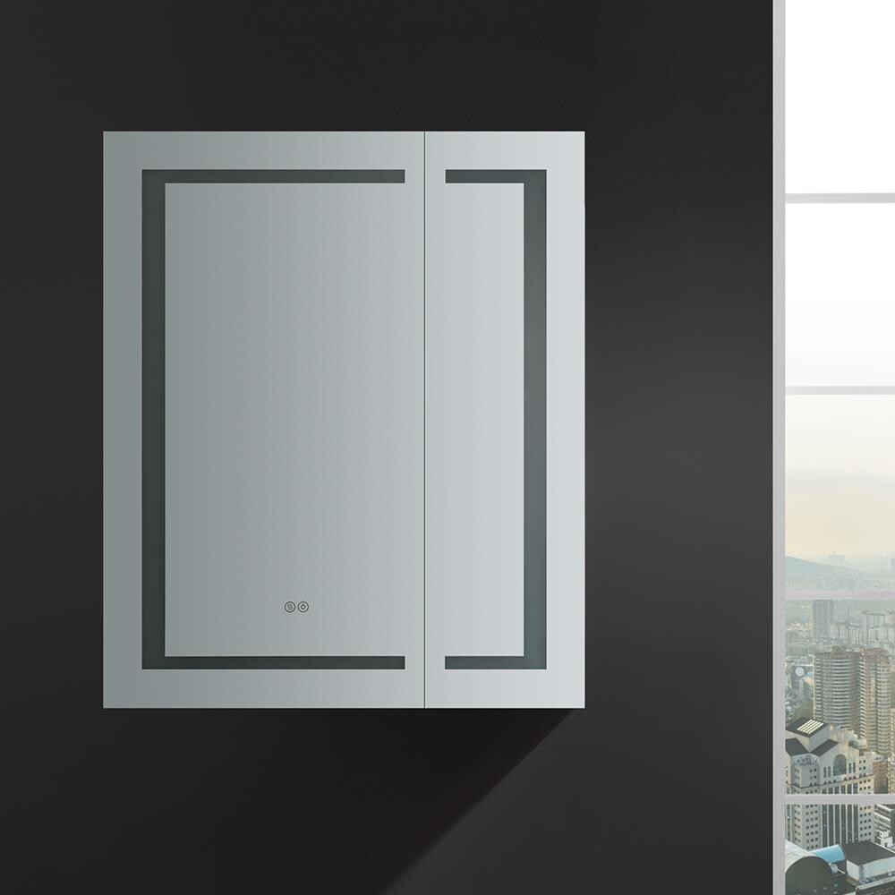 Fresca Spazio 30-in x 36-in Lighted LED Fog Free Surface/Recessed Mount LED Lighting Mirror Mirrored Soft Close Medicine Cabinet with Outlet