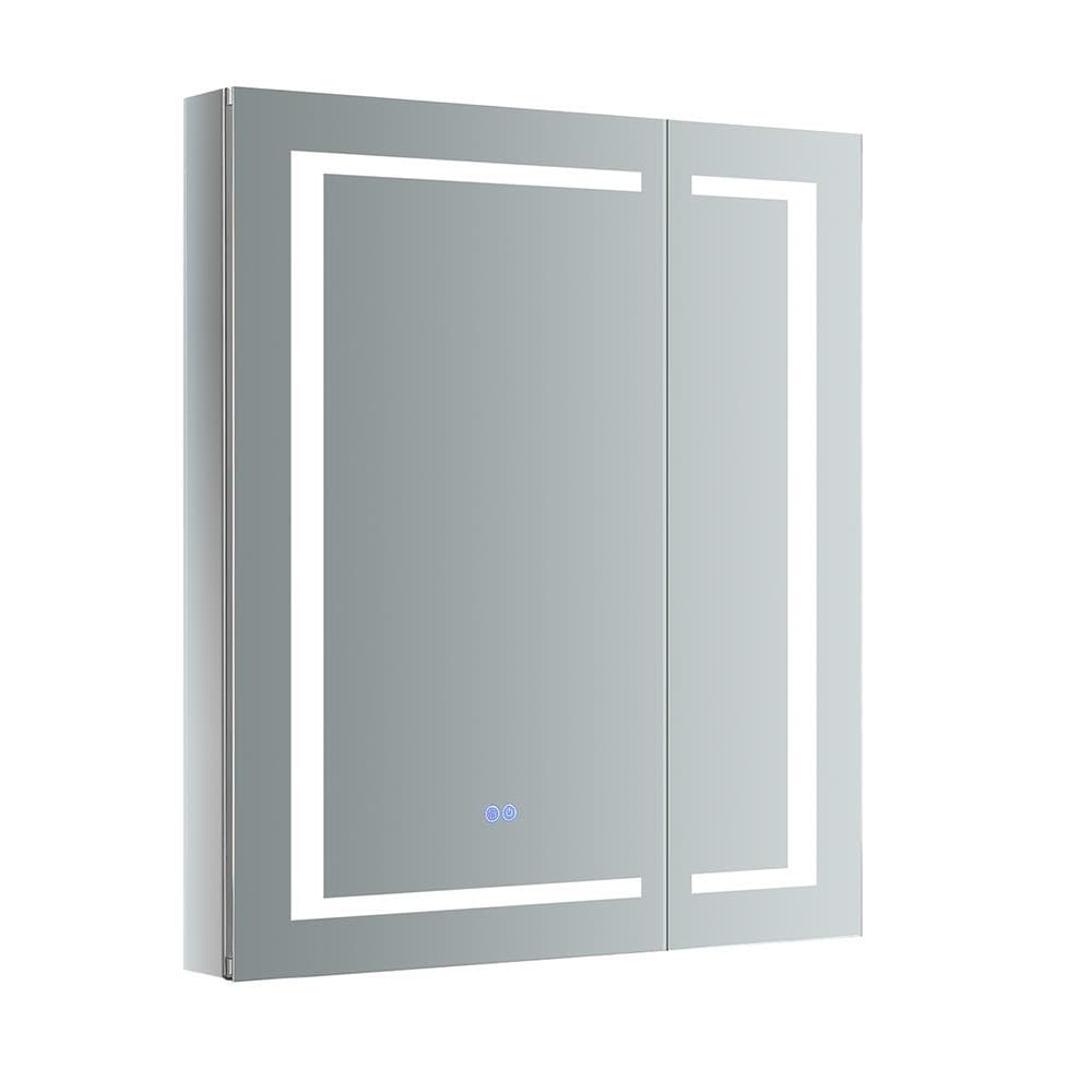 Fresca Spazio 30-in x 36-in Lighted LED Fog Free Surface/Recessed Mount LED Lighting Mirror Mirrored Soft Close Medicine Cabinet with Outlet