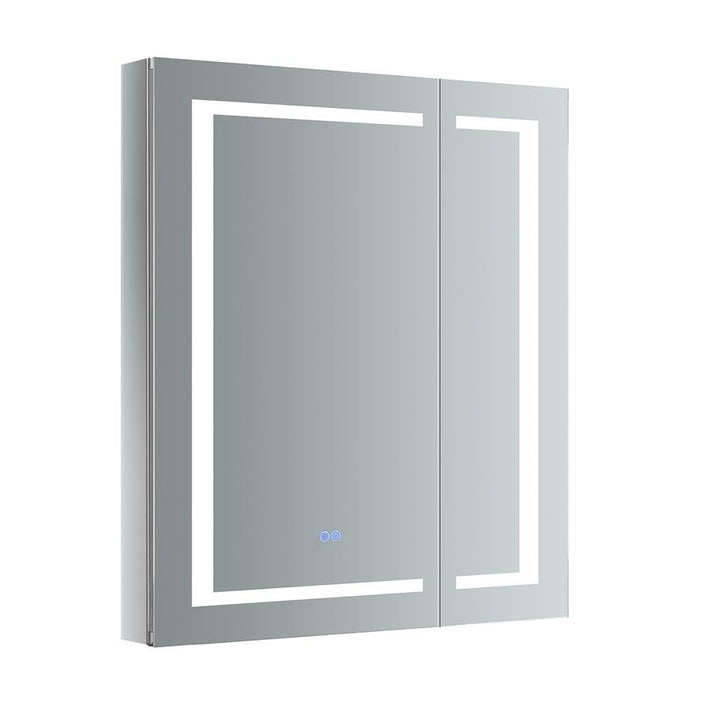 Fresca Spazio 30-in x 36-in Lighted LED Fog Free Surface/Recessed Mount LED Lighting Mirror Mirrored Soft Close Medicine Cabinet with Outlet