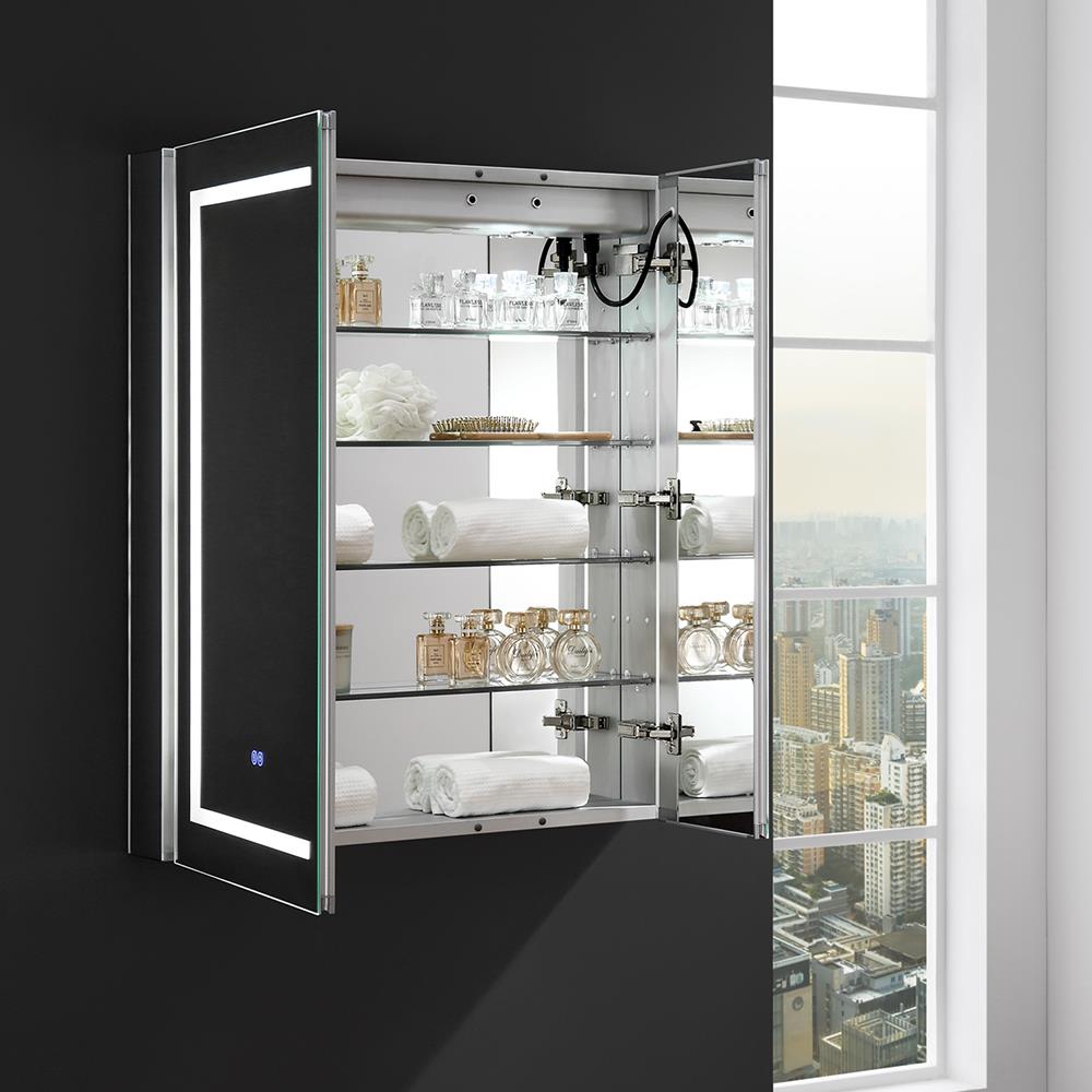 Fresca Spazio 30-in x 36-in Lighted LED Fog Free Surface/Recessed Mount LED Lighting Mirror Mirrored Soft Close Medicine Cabinet with Outlet
