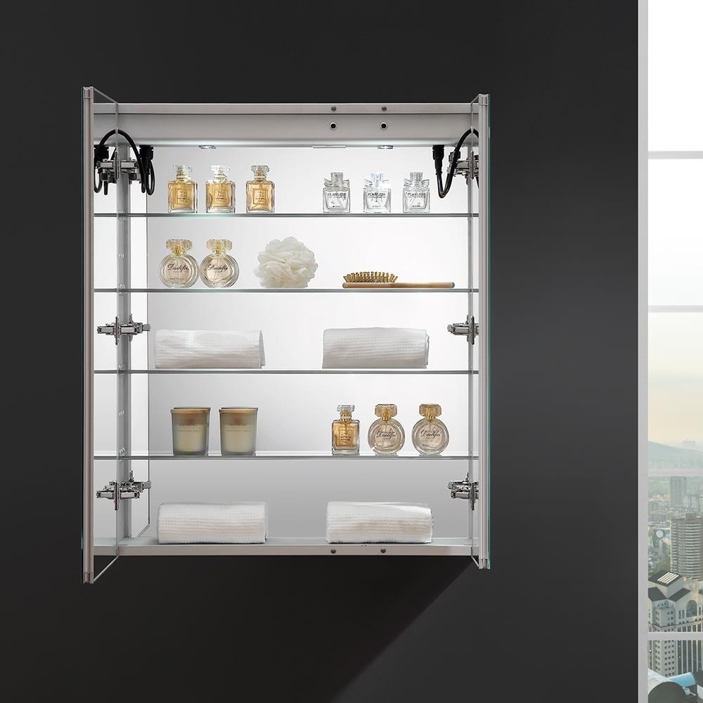 Fresca Spazio 30-in x 36-in Lighted LED Fog Free Surface/Recessed Mount LED Lighting Mirror Mirrored Soft Close Medicine Cabinet with Outlet