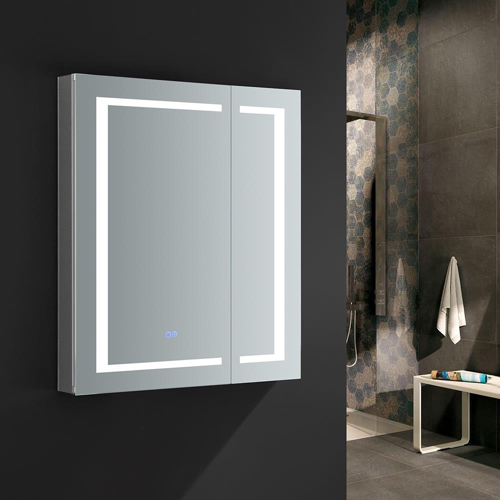 Fresca Spazio 30-in x 36-in Lighted LED Fog Free Surface/Recessed Mount LED Lighting Mirror Mirrored Soft Close Medicine Cabinet with Outlet