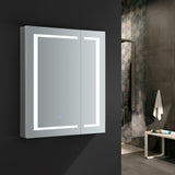 Fresca Spazio 30-in x 36-in Lighted LED Fog Free Surface/Recessed Mount LED Lighting Mirror Mirrored Soft Close Medicine Cabinet with Outlet
