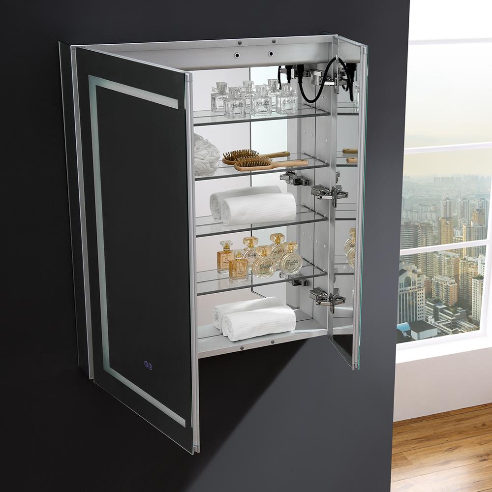 Fresca Spazio 30-in x 36-in Lighted LED Fog Free Surface/Recessed Mount LED Lighting Mirror Mirrored Soft Close Medicine Cabinet with Outlet