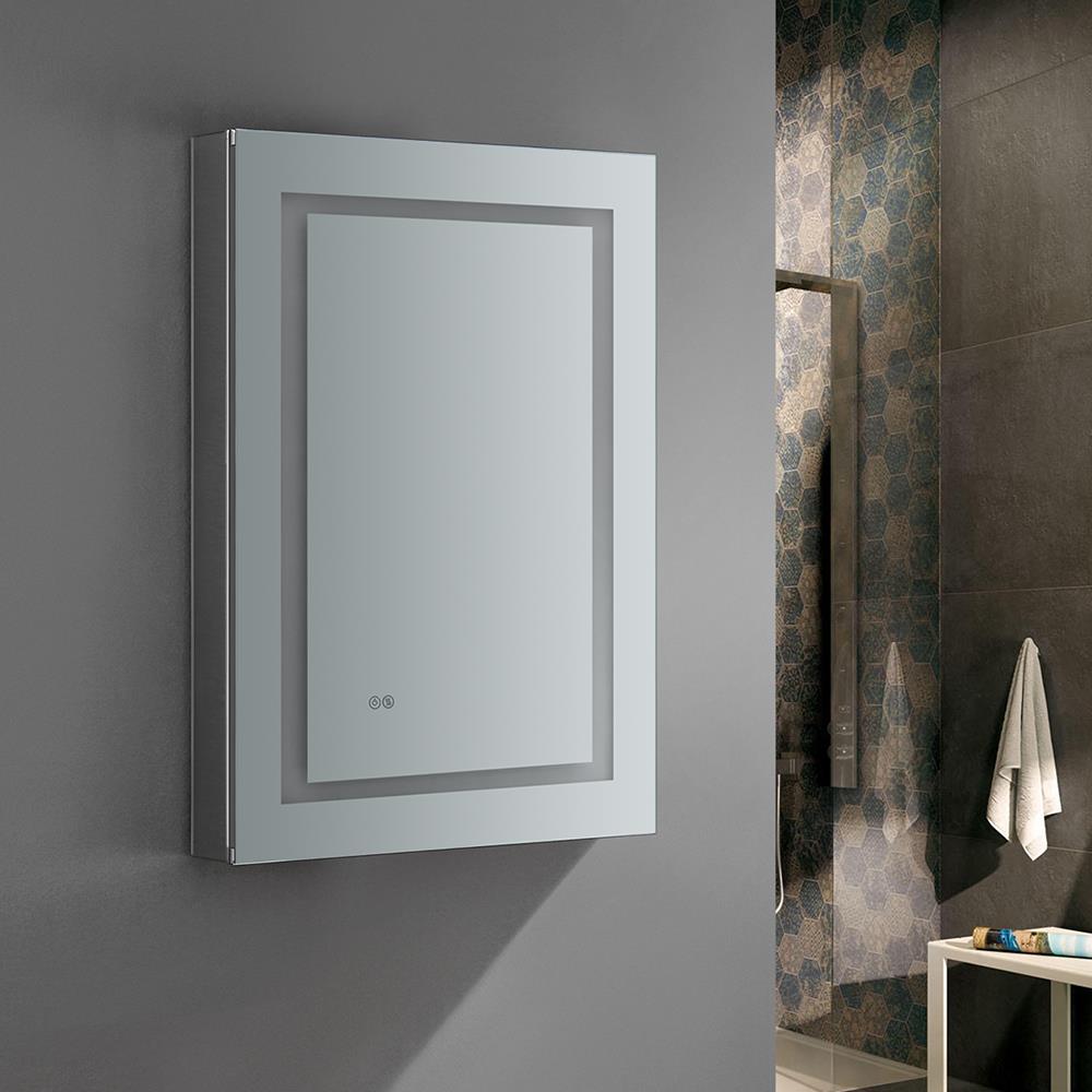 Fresca Spazio 24-in x 36-in Lighted LED Fog Free Surface/Recessed Mount LED Lighting Mirror- Right Mirrored Soft Close Medicine Cabinet with Outlet