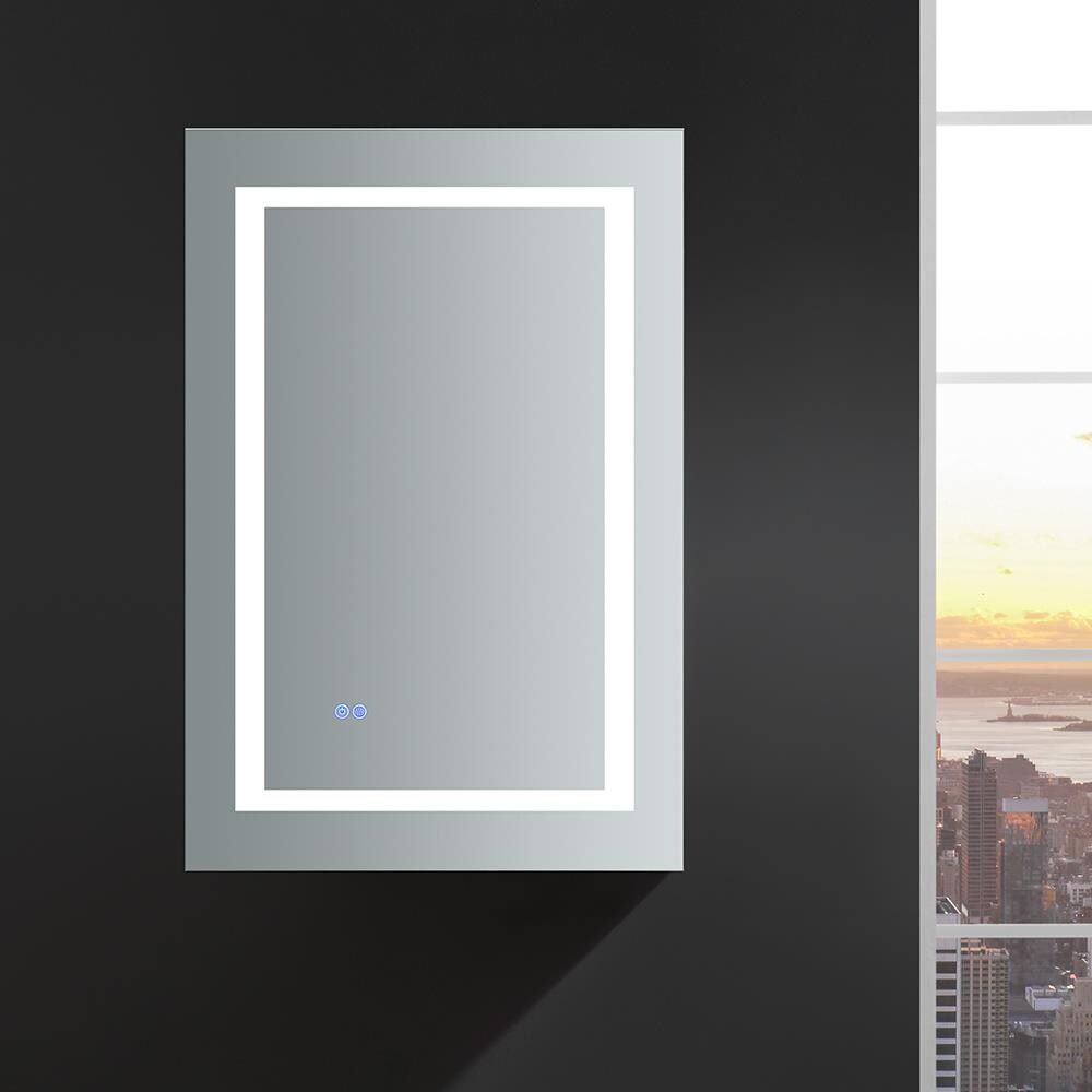 Fresca Spazio 24-in x 36-in Lighted LED Fog Free Surface/Recessed Mount LED Lighting Mirror- Right Mirrored Soft Close Medicine Cabinet with Outlet