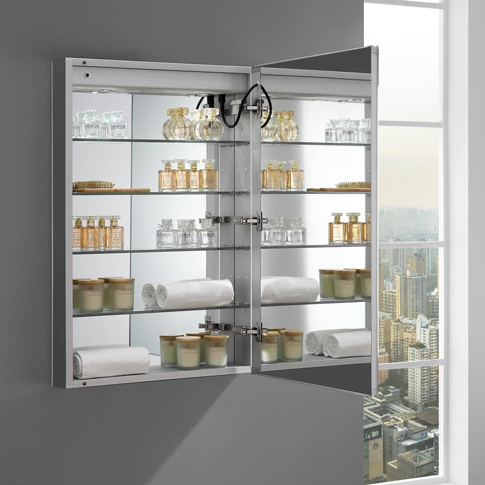 Fresca Spazio 24-in x 36-in Lighted LED Fog Free Surface/Recessed Mount LED Lighting Mirror- Right Mirrored Soft Close Medicine Cabinet with Outlet