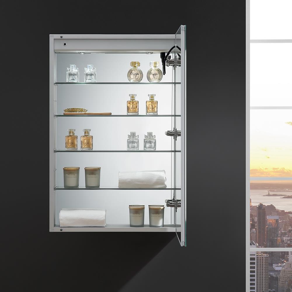 Fresca Spazio 24-in x 36-in Lighted LED Fog Free Surface/Recessed Mount LED Lighting Mirror- Right Mirrored Soft Close Medicine Cabinet with Outlet
