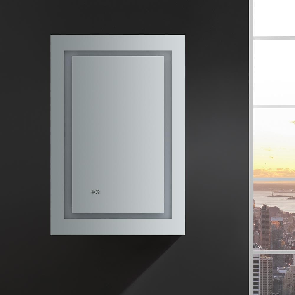 Fresca Spazio 24-in x 36-in Lighted LED Fog Free Surface/Recessed Mount LED Lighting Mirror- Right Mirrored Soft Close Medicine Cabinet with Outlet