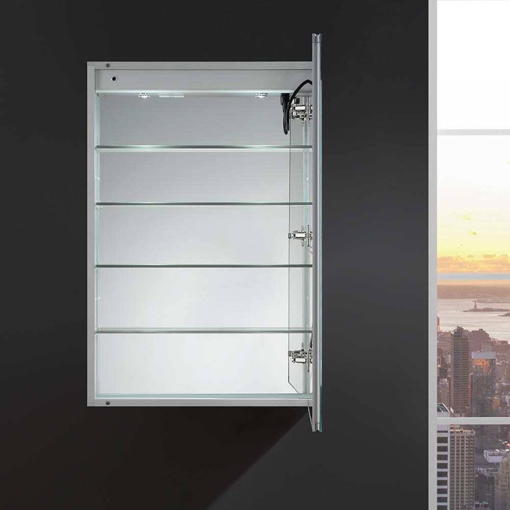 Fresca Spazio 24-in x 36-in Lighted LED Fog Free Surface/Recessed Mount LED Lighting Mirror- Right Mirrored Soft Close Medicine Cabinet with Outlet