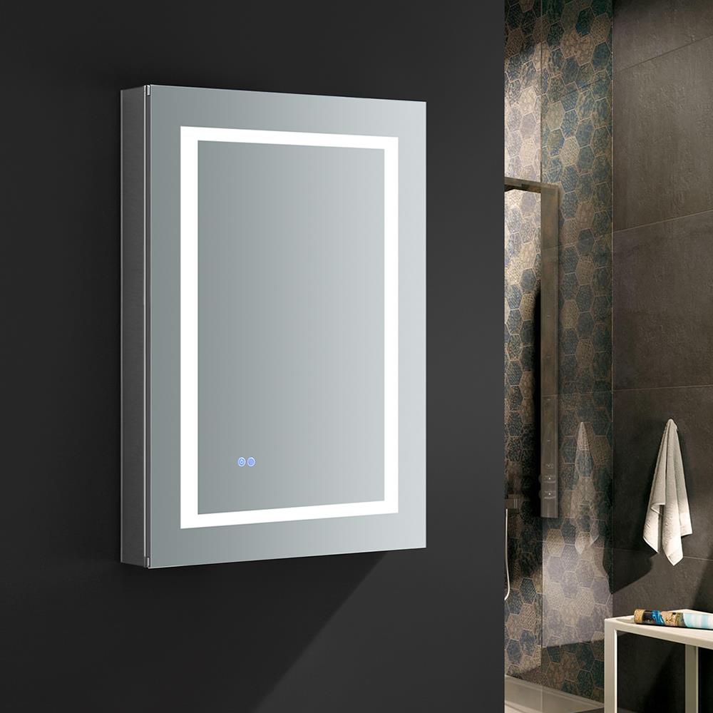 Fresca Spazio 24-in x 36-in Lighted LED Fog Free Surface/Recessed Mount LED Lighting Mirror- Right Mirrored Soft Close Medicine Cabinet with Outlet