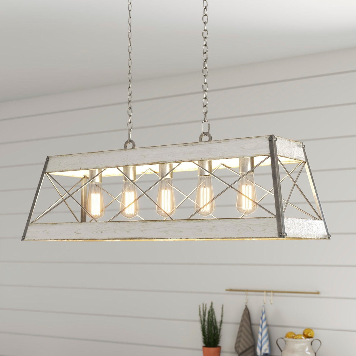 Progress Lighting Bradberry 5-Light Antique White and Galvanized Farmhouse Linear Large Hanging Kitchen Island Light