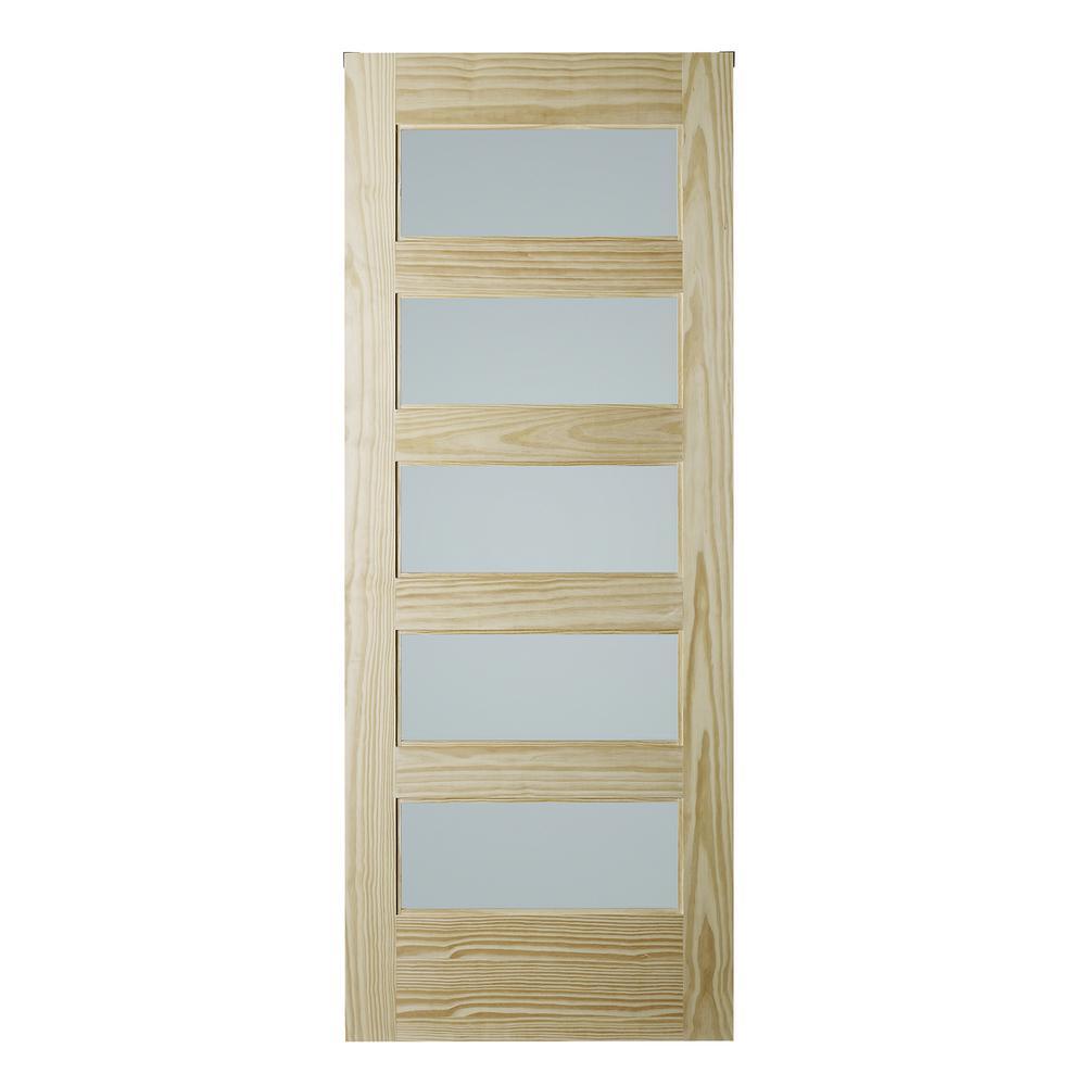 33 in. x 84 in. Unfinished Clear Pine 5-Lite Frosted Interior Barn Door Slab - Super Arbor