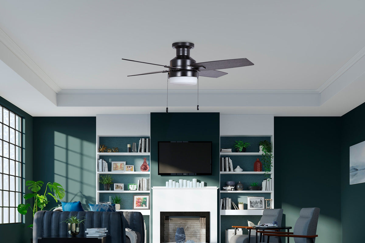 Hunter Port Haven LED 44-in Matte Black Indoor/Outdoor Flush Mount Ceiling Fan with Light Kit, 4-Blade