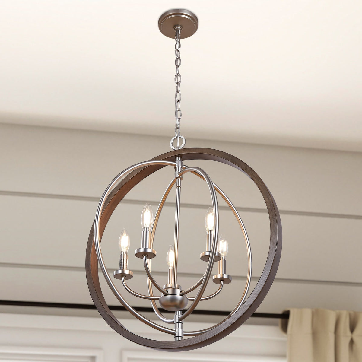 Progress Lighting Fairwood 5-Light Teak Wood and Satin Nickel Transitional Globe Medium Hanging Pendant Light