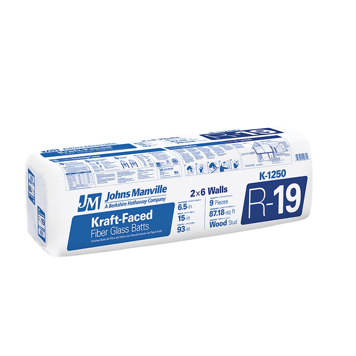 Johns Manville R‑19 Kraft‑Faced Fiberglass Batt Insulation, 87.18‑sq ft Coverage, 15 in W x 93 in L (K1250)