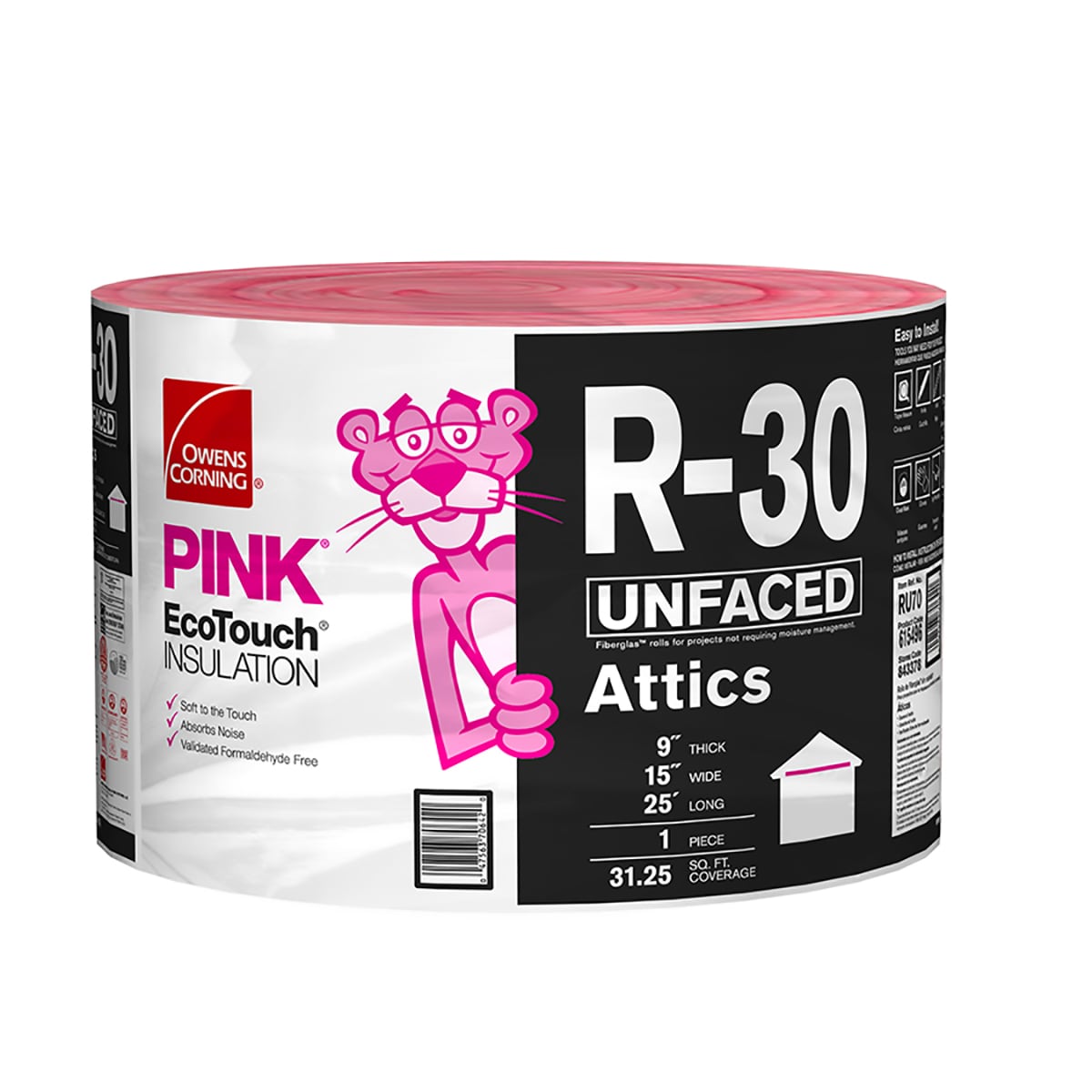 Owens Corning EcoTouch R-30 Unfaced Fiberglass Insulation Roll, 15 in W x 25 ft L, 31.25 sq ft Coverage