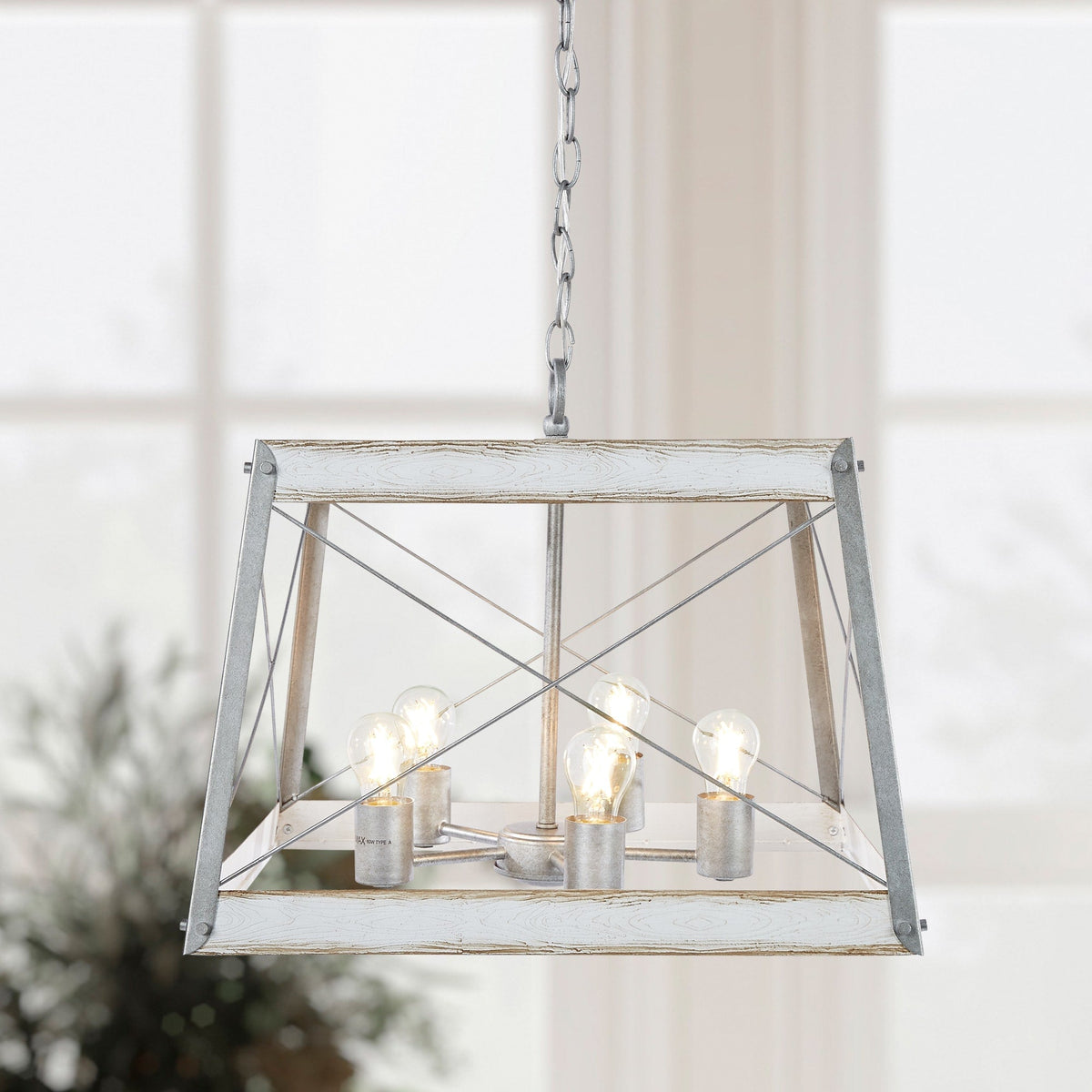 Progress Lighting Bradberry 5-Light Antique White and Galvanized Farmhouse Square Medium Hanging Pendant Light