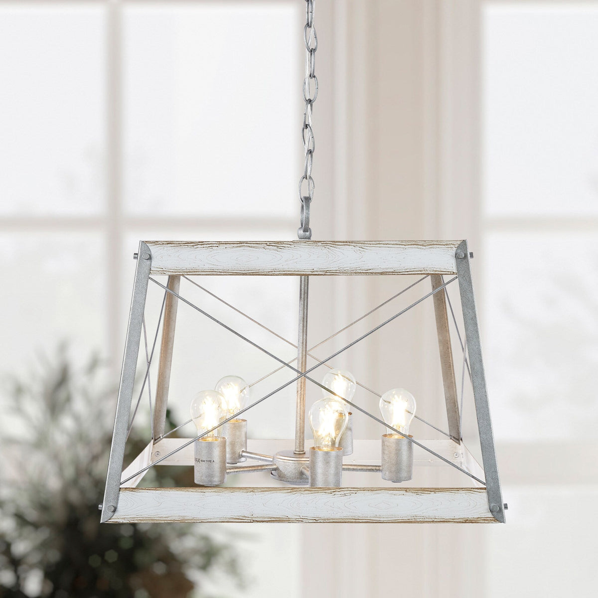 Progress Lighting Bradberry 5-Light Antique White with Galvanized Accents Farmhouse Lantern Pendant Light, 18.12-in