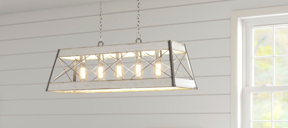 Progress Lighting Bradberry 5-Light Antique White and Galvanized Farmhouse Linear Large Hanging Kitchen Island Light