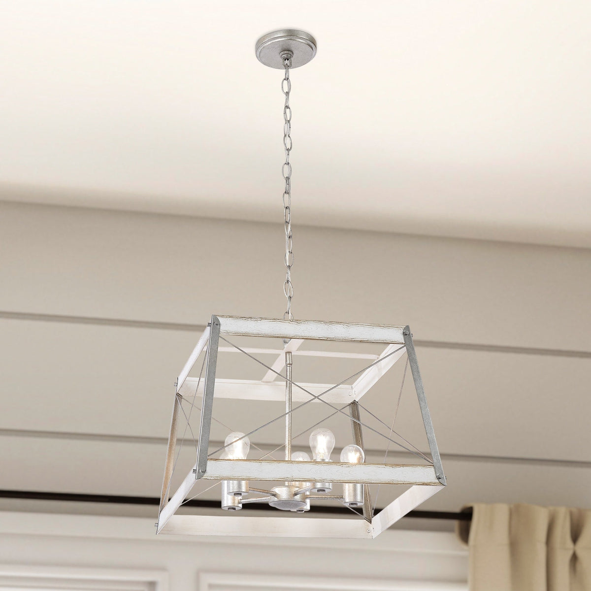 Progress Lighting Bradberry 5-Light Antique White and Galvanized Farmhouse Square Medium Hanging Pendant Light