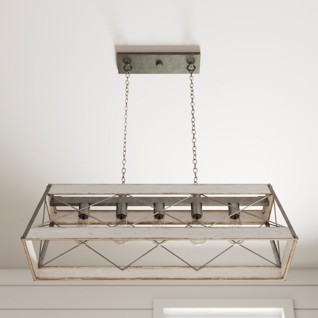 Progress Lighting Bradberry 5-Light Antique White and Galvanized Farmhouse Linear Large Hanging Kitchen Island Light