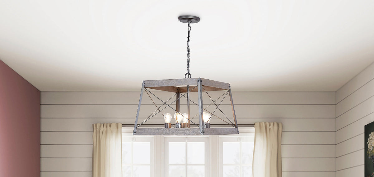 Progress Lighting Bradberry 5-Light Weathered Oak and Graphite Farmhouse Lantern Medium Hanging Pendant Light