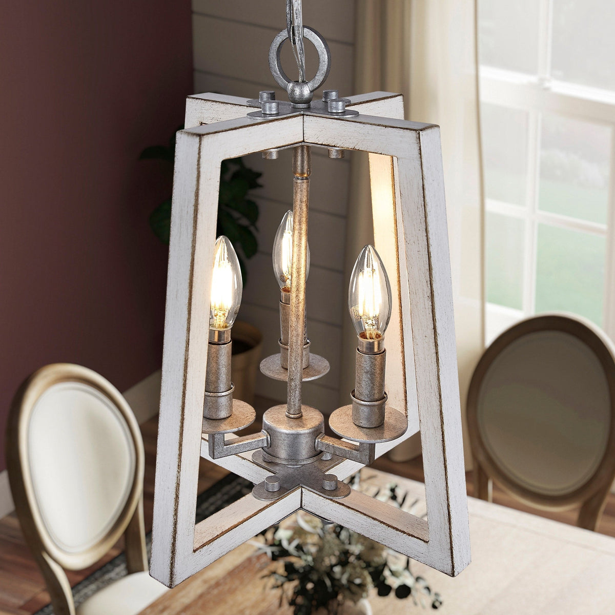 Progress Lighting Forrester 3-Light Antique White and Galvanized Farmhouse Lantern Medium Hanging Pendant Light