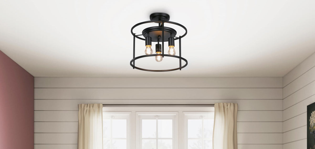 Quoizel Wolfeboro 14-in Matte Black Farmhouse Semi-Flush Mount Light