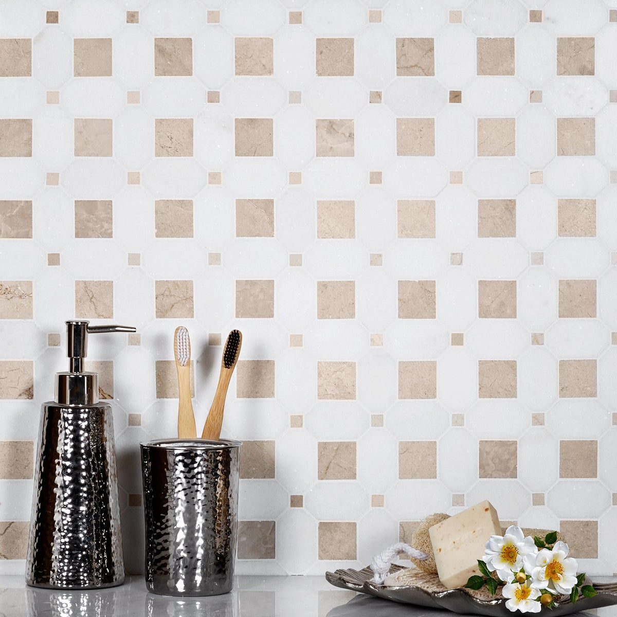 Apollo Tile Beige 12-in x 12-in Polished Natural Stone Marble Octagon Dot Patterned Floor and Wall Tile (5.16-sq. ft/ Carton)