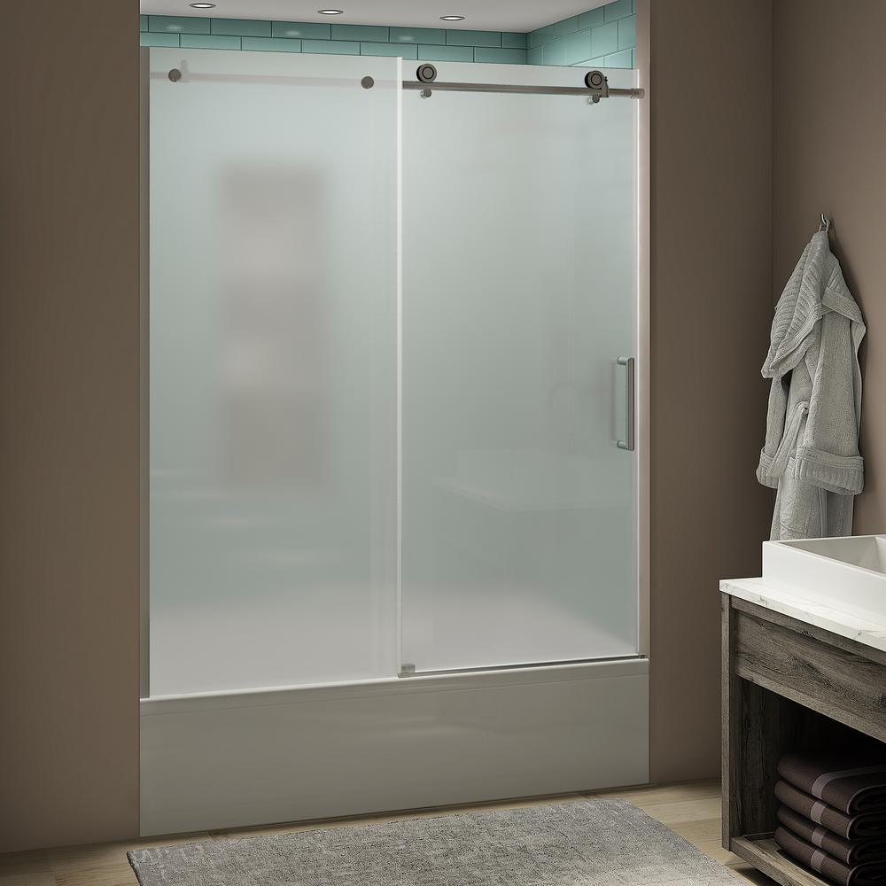 Coraline XL 56 - 60 in. x 70 in. Frameless Sliding Tub Door with StarCast Clear Glass in Stainless Steel, Left Opening - Super Arbor