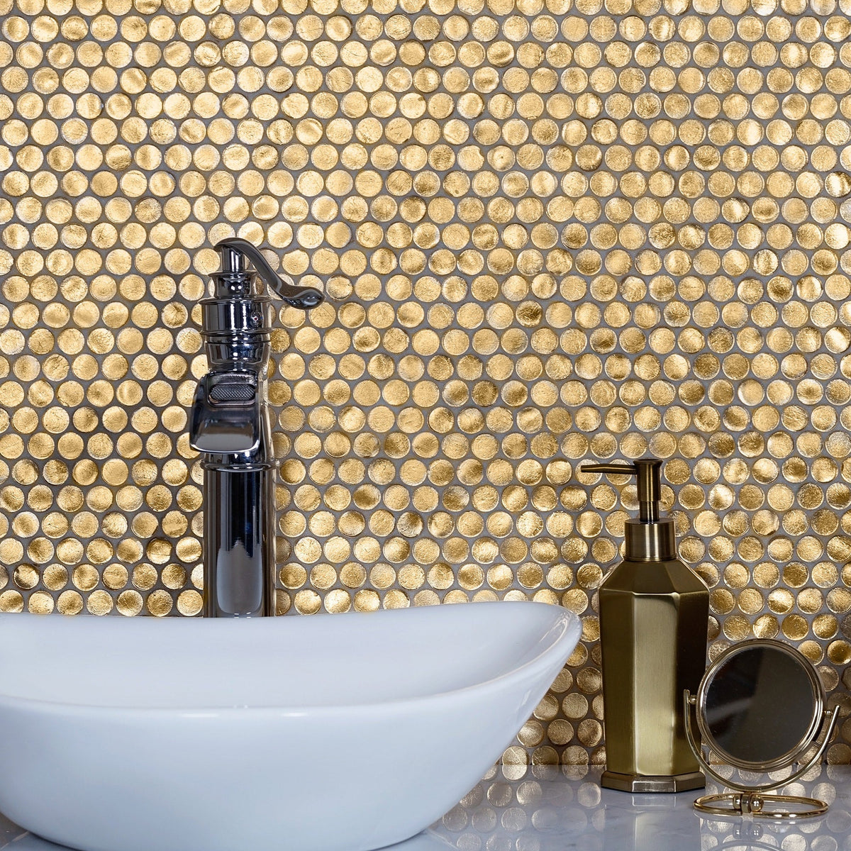 Apollo Tile Gold 12-in x 12-in Glossy Glass Penny Round Stone Look Wall Tile (10.34-sq. ft/ Carton)