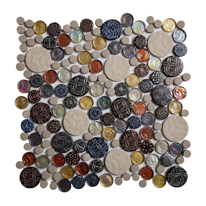 Apollo Tile Beige, Brown, Yellow 12-in x 12-in Polished Glass Penny Round Patterned Wall Tile (5-sq. ft/ Carton)