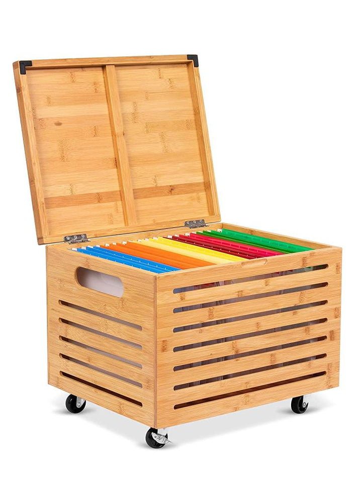 BirdRock Home Contemporary Bamboo File Organizer with Lid, Rolling Filing Box, Clear Finish, Commercial Grade, Wood Storage Container for Letter/Legal Files
