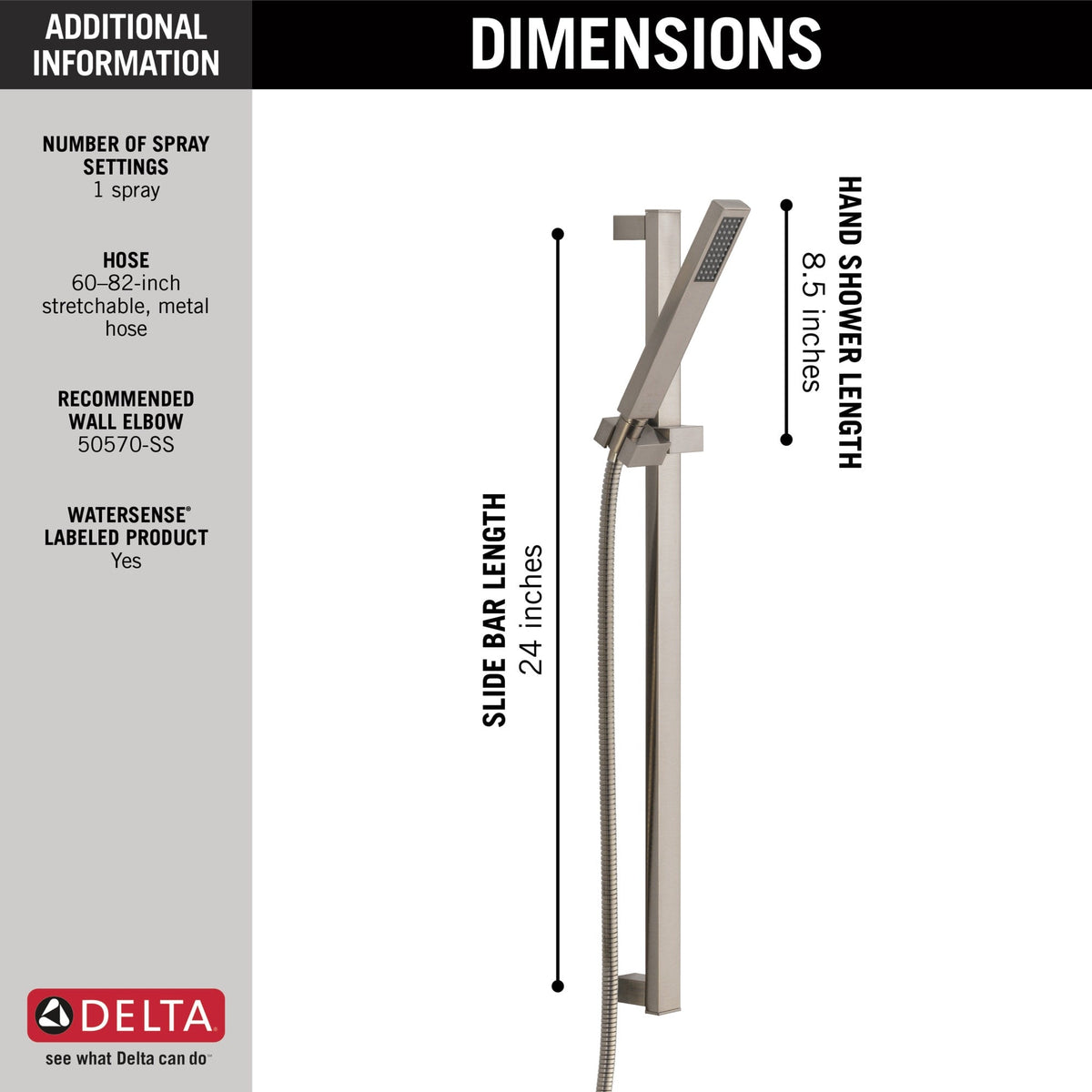 Delta Vero Stainless 1-Spray Handheld Shower with Slide Bar, 1.75 GPM (6.6 LPM)