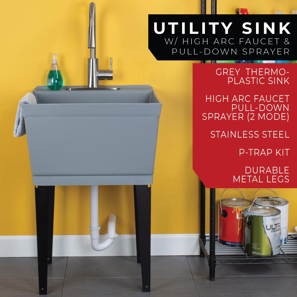 Cambridge Resources 23.5-Inch Gray Freestanding Utility Tub with Drain & Faucet