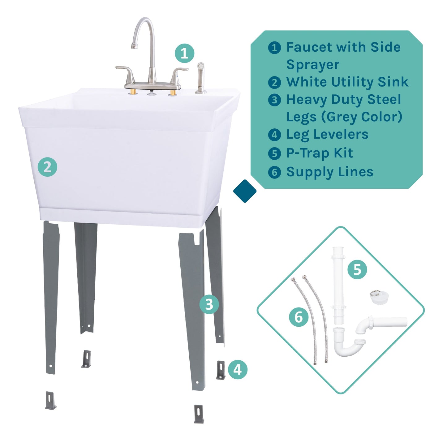 Cambridge Resources White 1-Basin Freestanding Utility Tub with Drain and Faucet