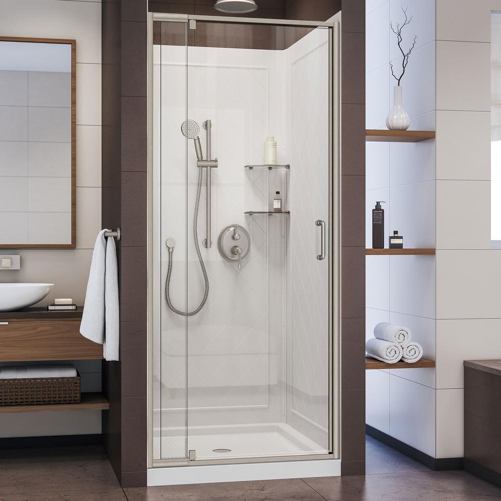 Flex 32 in. x 32 in. x 76.75 in. Pivot Shower Kit Door in Brushed Nickel with Center Drain White Base and Back Walls Kit - Super Arbor