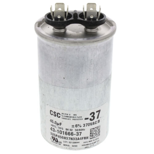 Rheem 43-101666-37 capacitor - front view (Voltage: 370V; MFD: 45)