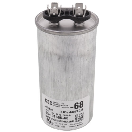 Rheem 43-101666-68 capacitor - front view (Product Type: Capacitor)
